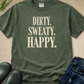 An olive green crewneck t-shirt with the text 'DIRTY. SWEATY.